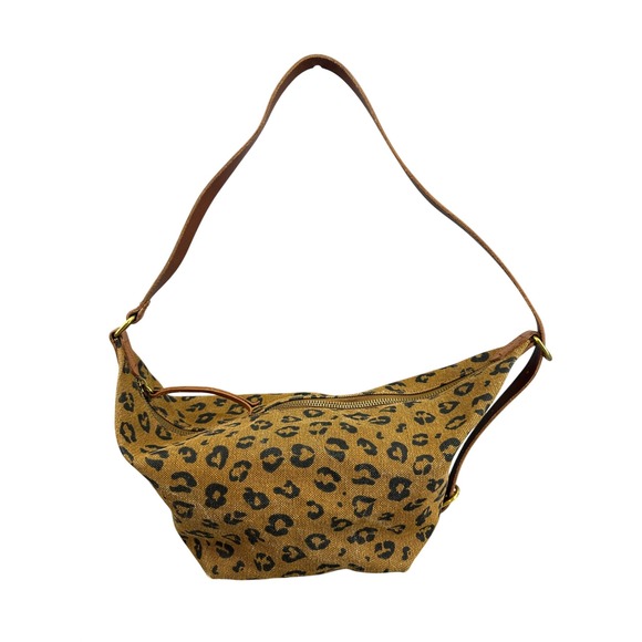 Madewell Handbags - Madewell Canvas Sling Bag Leopard Print Tan Brown Leather Strap Crescent Bag